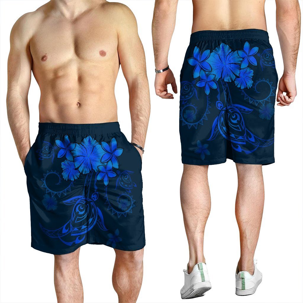 Hawaiian Turtles Hibiscus Plumeria Polynesian Men's Shorts - Blue