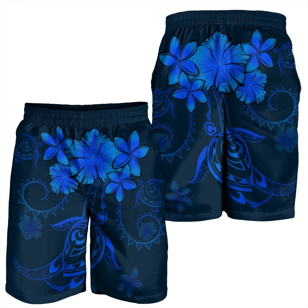 Hawaiian Turtles Hibiscus Plumeria Polynesian Men's Shorts - Blue