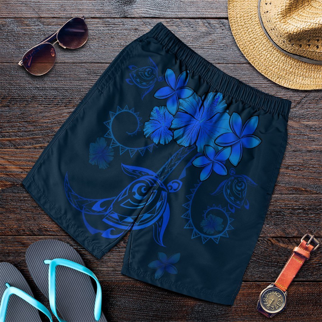 Hawaiian Turtles Hibiscus Plumeria Polynesian Men's Shorts - Blue