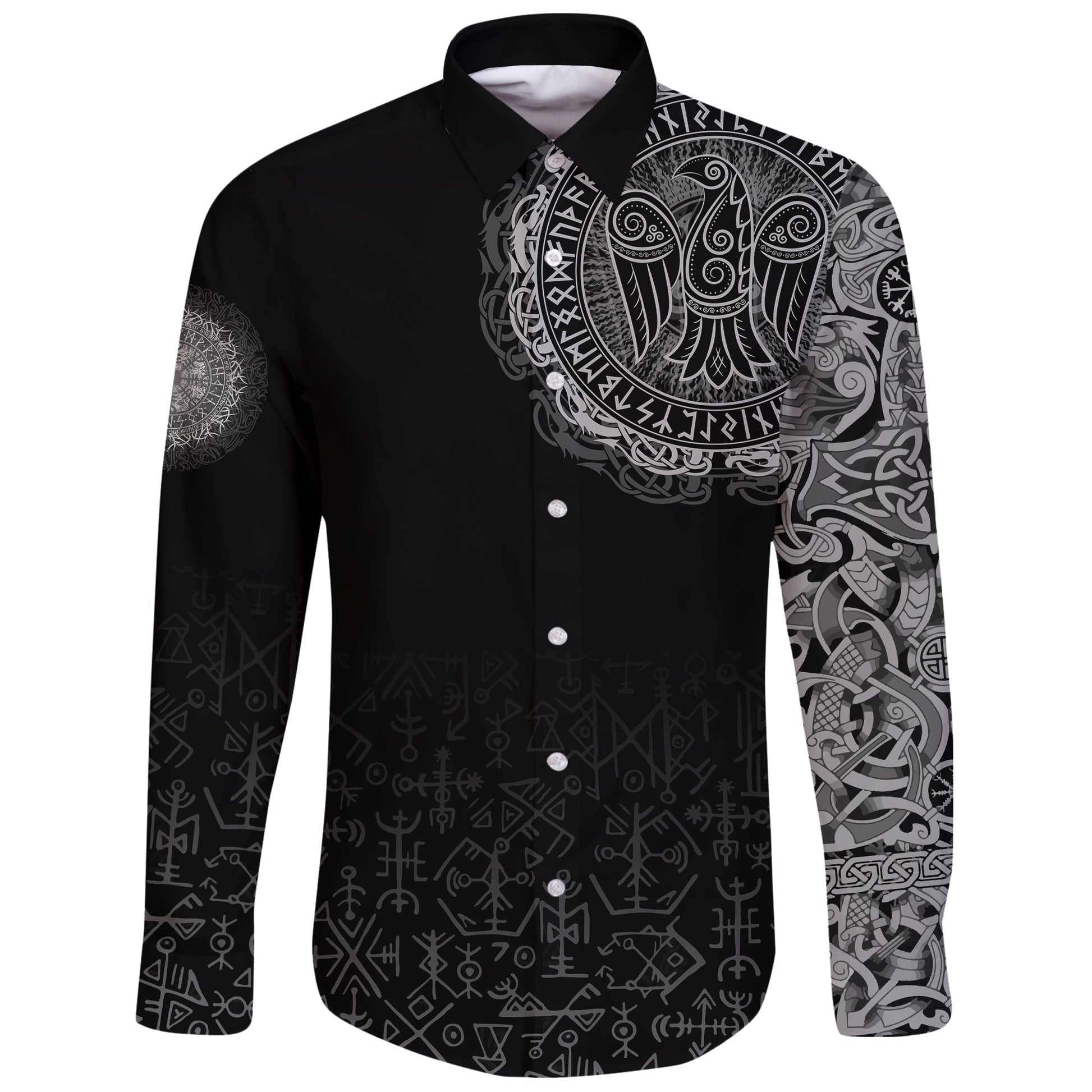 Viking Long Sleeve Button Shirt Celtic Raven Tattoo RLT12