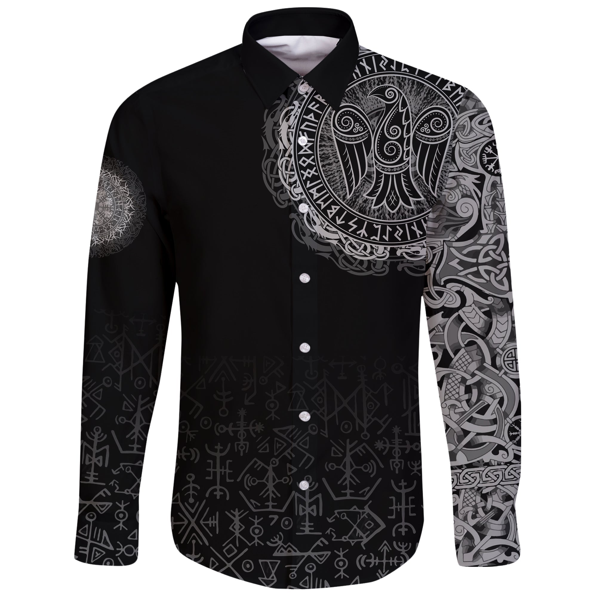 Viking Long Sleeve Button Shirt Celtic Raven Tattoo RLT12