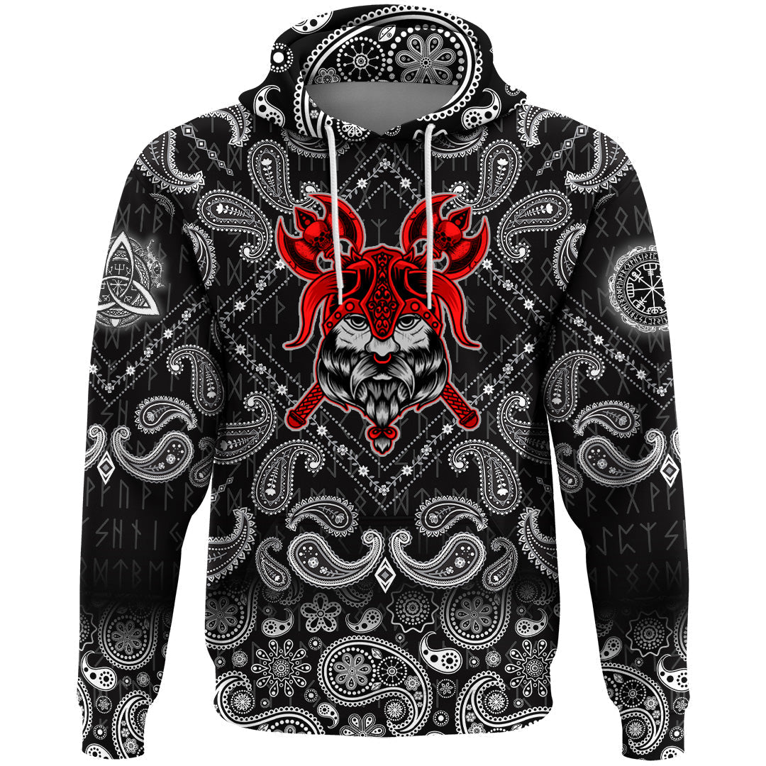 Viking Hoodie Head On Black with Bandana Paisley Style RLT12