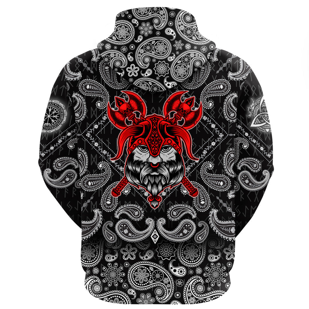 Viking Hoodie Head On Black with Bandana Paisley Style RLT12