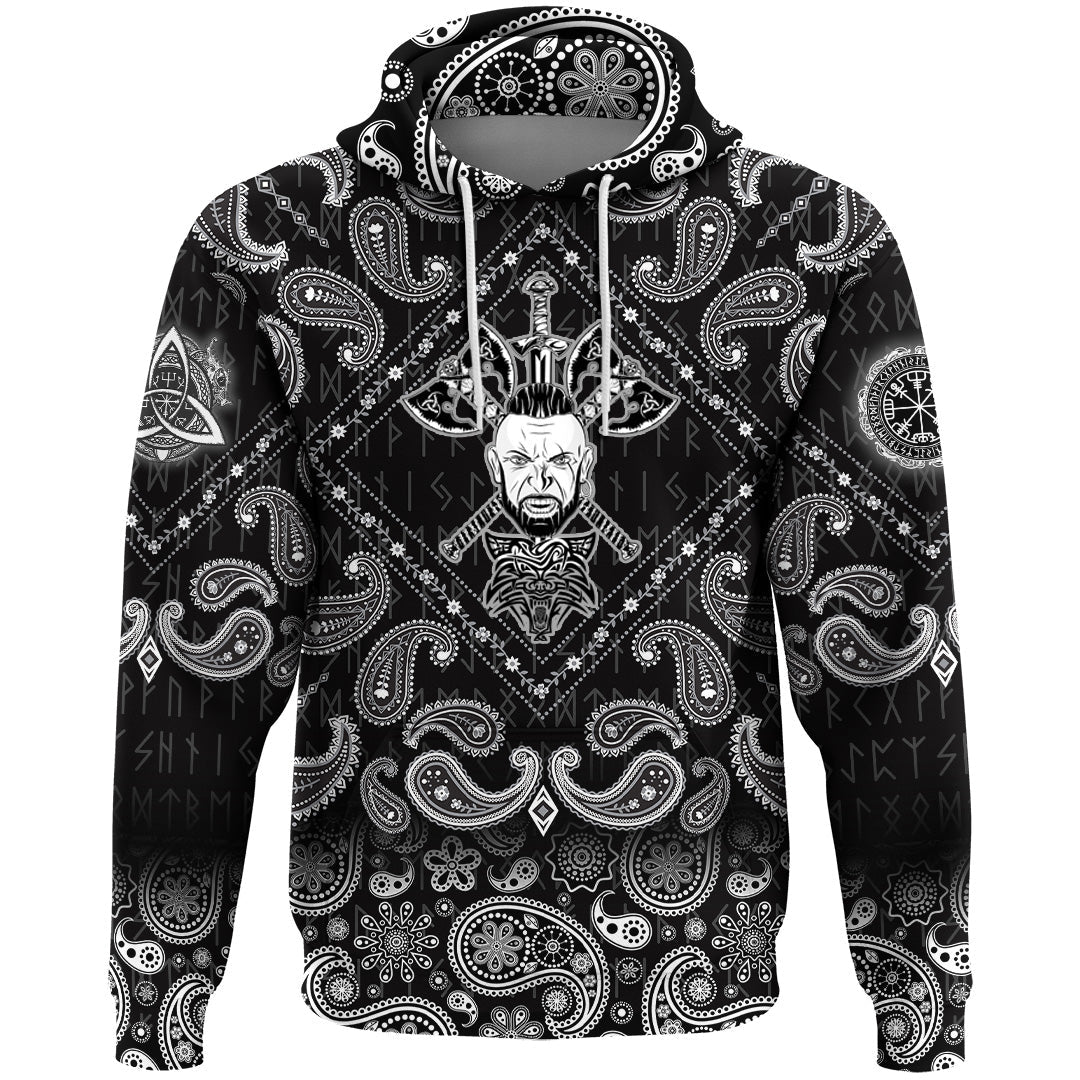 Viking Hoodie Head Two Battle Axes and Sword with Bandana Paisley Style RLT12