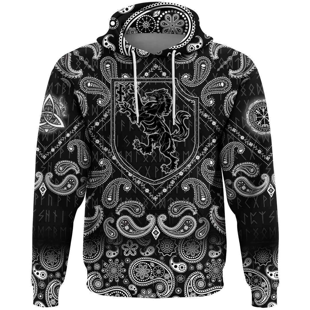 Viking Hoodie Heraldic Shield With Werewolf and Rune Wolfsangel with Bandana Paisley Style RLT12