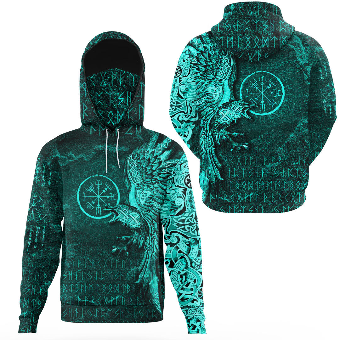 Viking Clothing Vegvisir With Raven Viking Compass Gaiter Hoodie Cyan Version RLT12