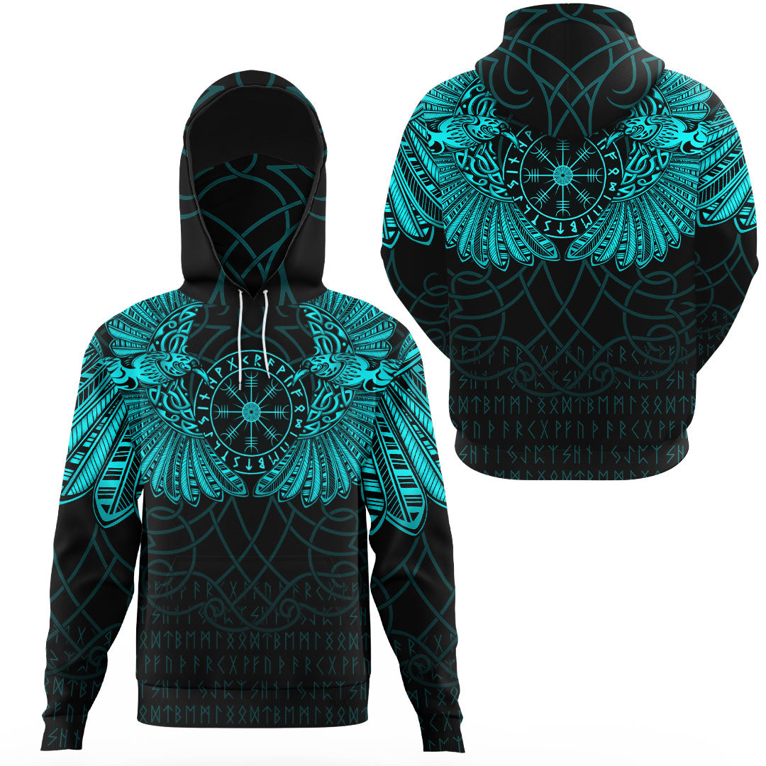 Viking Clothing Viking Odins Celtic Two Ravens Cyan Version Gaiter Hoodie RLT12