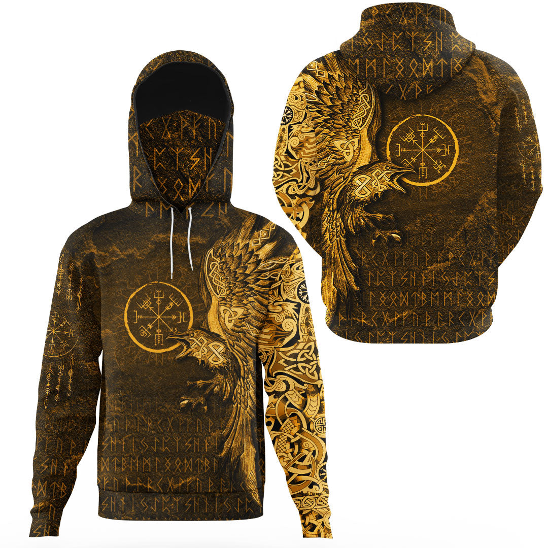 Viking Clothing Vegvisir With Raven Viking Compass Gold Version Gaiter Hoodie RLT12