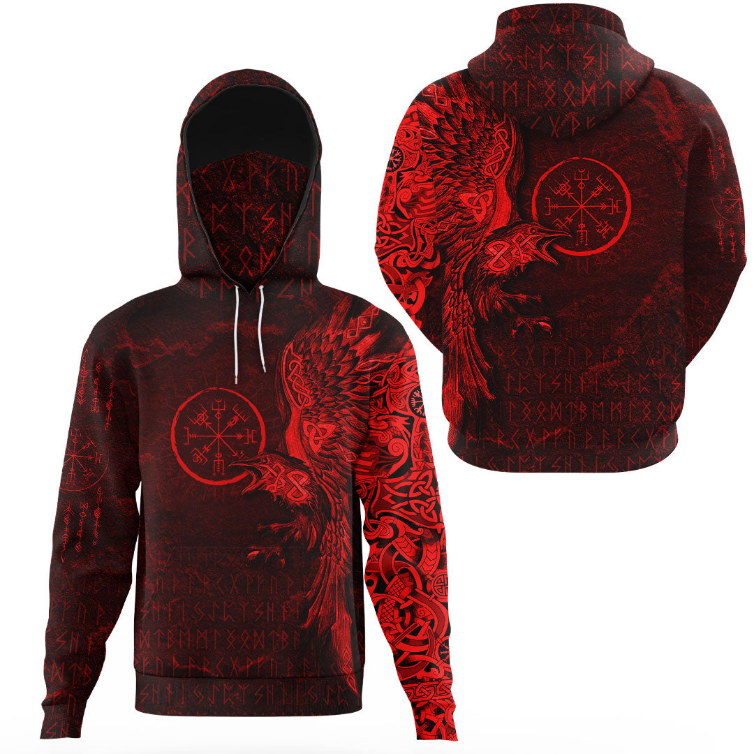 Viking Clothing Vegvisir With Raven Viking Compass Gaiter Hoodie Red Version RLT12