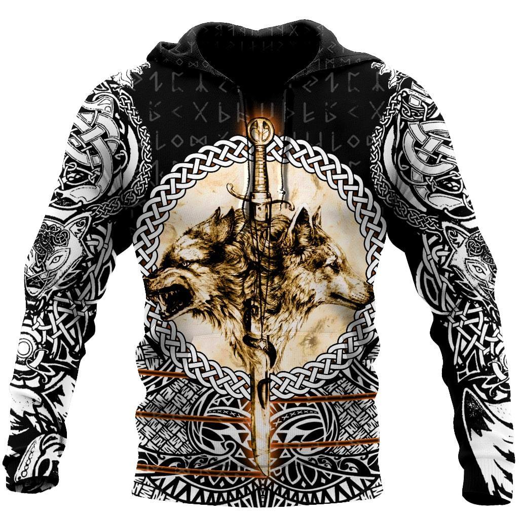 Viking Pullover Hoodie - Wolf and Vikings Tattoo 3D RLT12