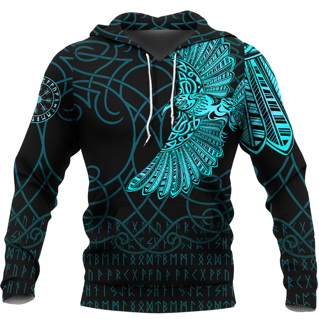 Viking Hoodie Viking Odins Celtic Ravens Cyan Version Tattoo Hoodie RLT12