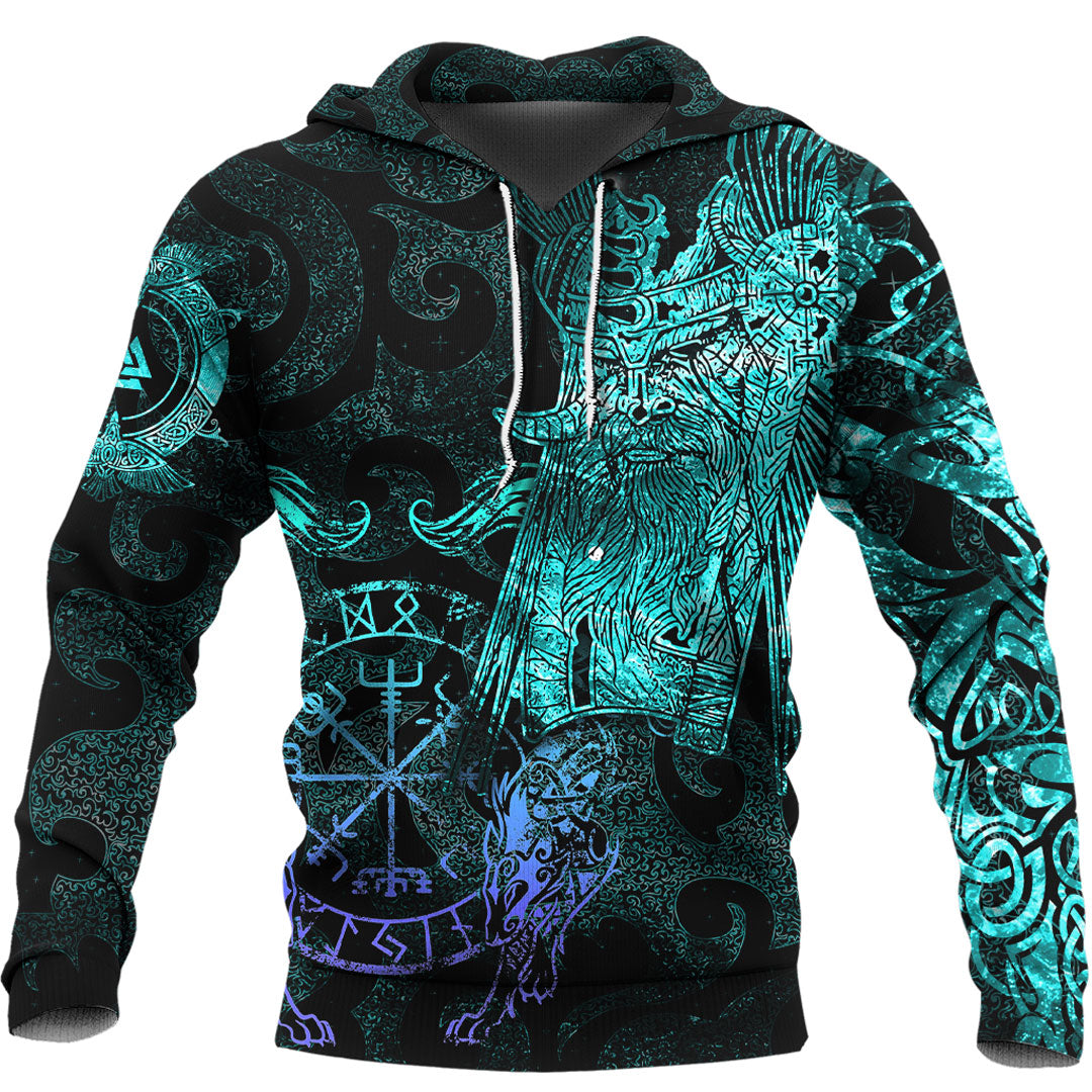 Viking Hoodie Viking Odin Tattoo Cyan Version Wolf Hoodie RLT12
