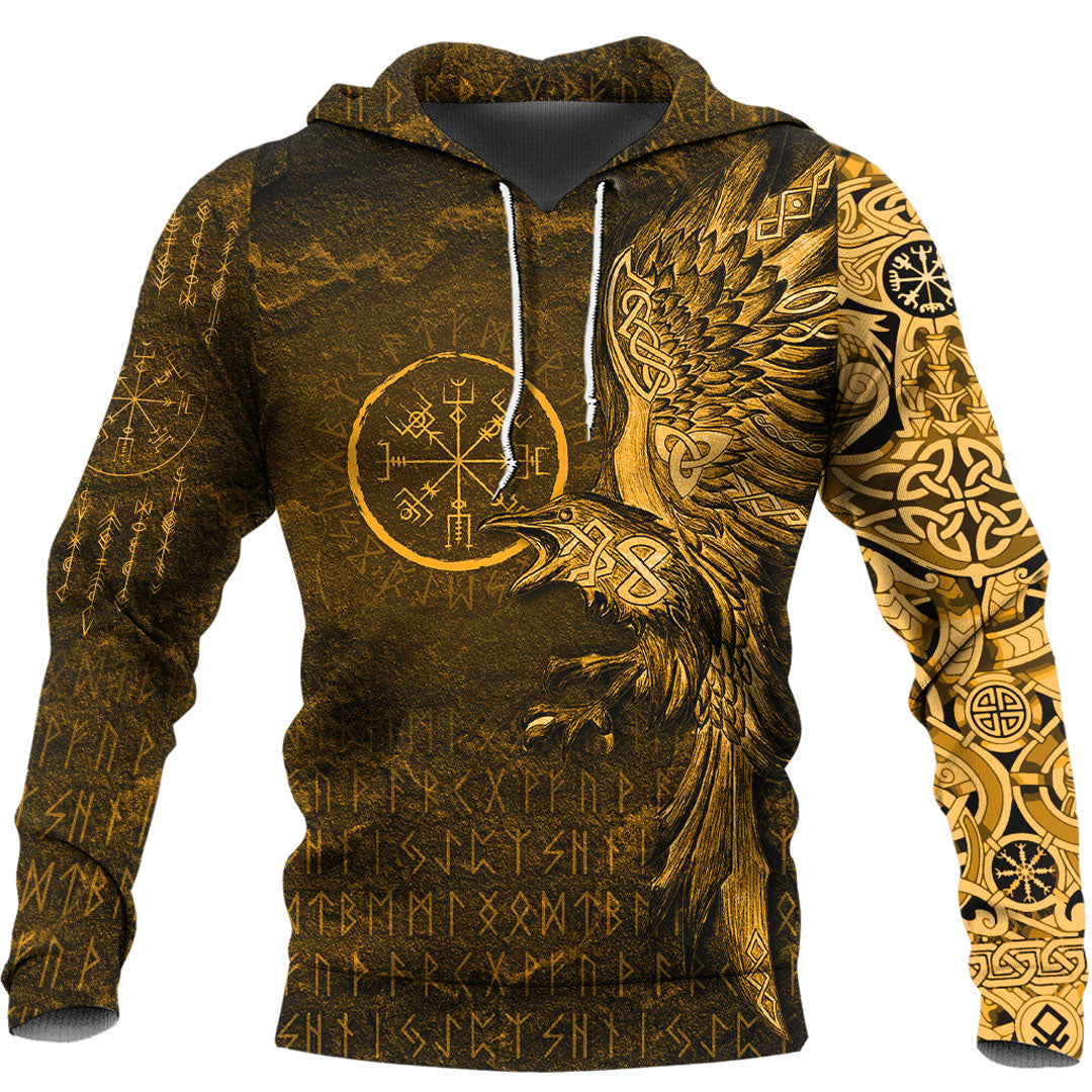 Viking Hoodie Vegvisir With Raven Viking Compass Gold Version Warship Hoodie RLT12