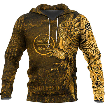 Viking Hoodie Vegvisir With Raven Viking Compass Gold Version Warship Hoodie RLT12