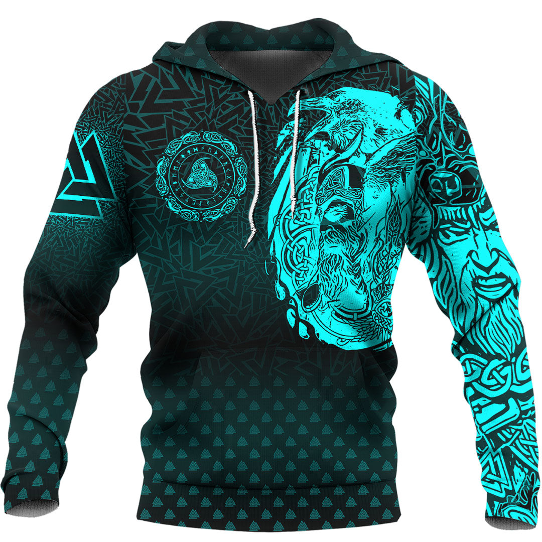 Viking Hoodie Viking Odin Raven Tattoo Style Cyan Version Hoodie RLT12