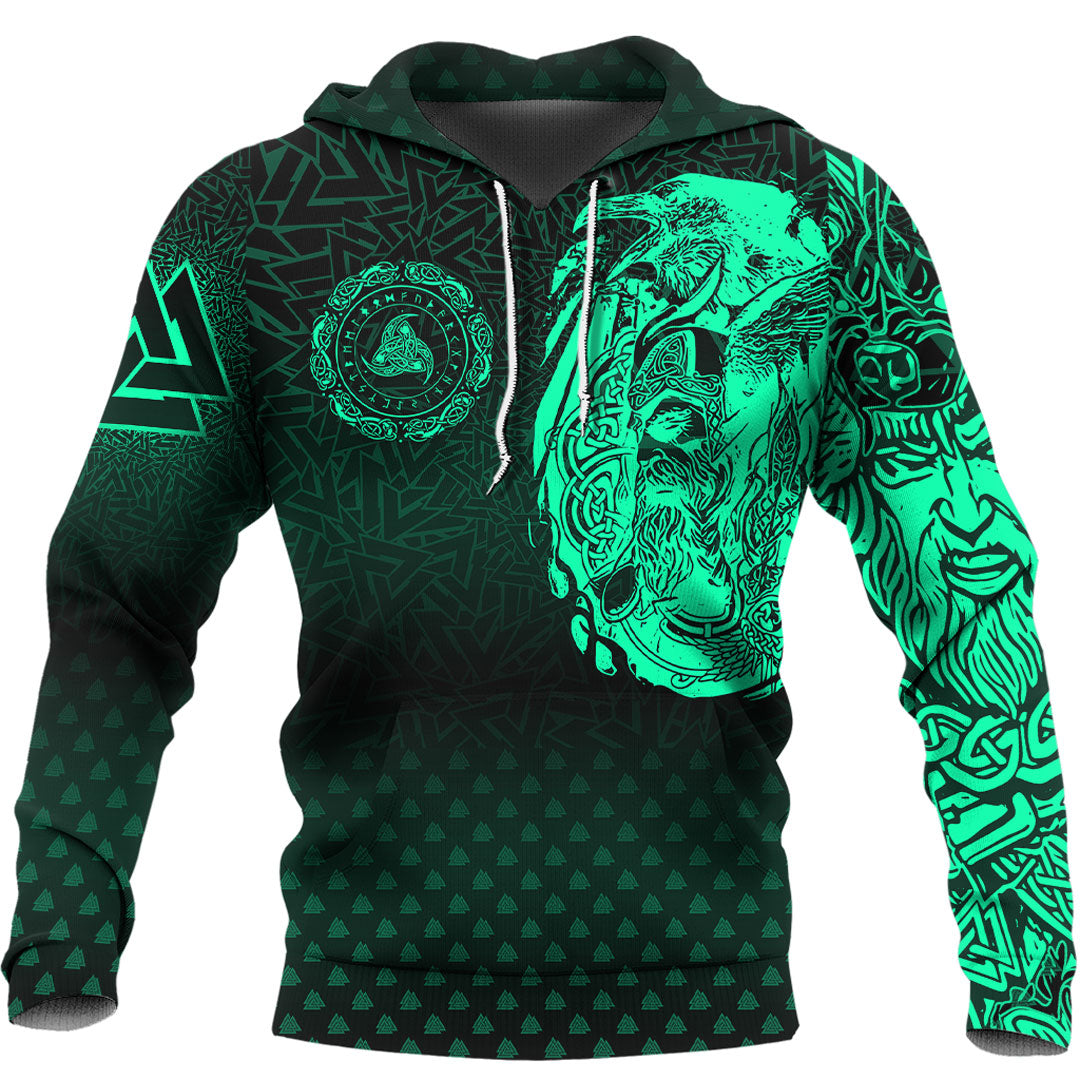 Viking Hoodie Viking Odin Raven Tattoo Style Green Version Hoodie RLT12