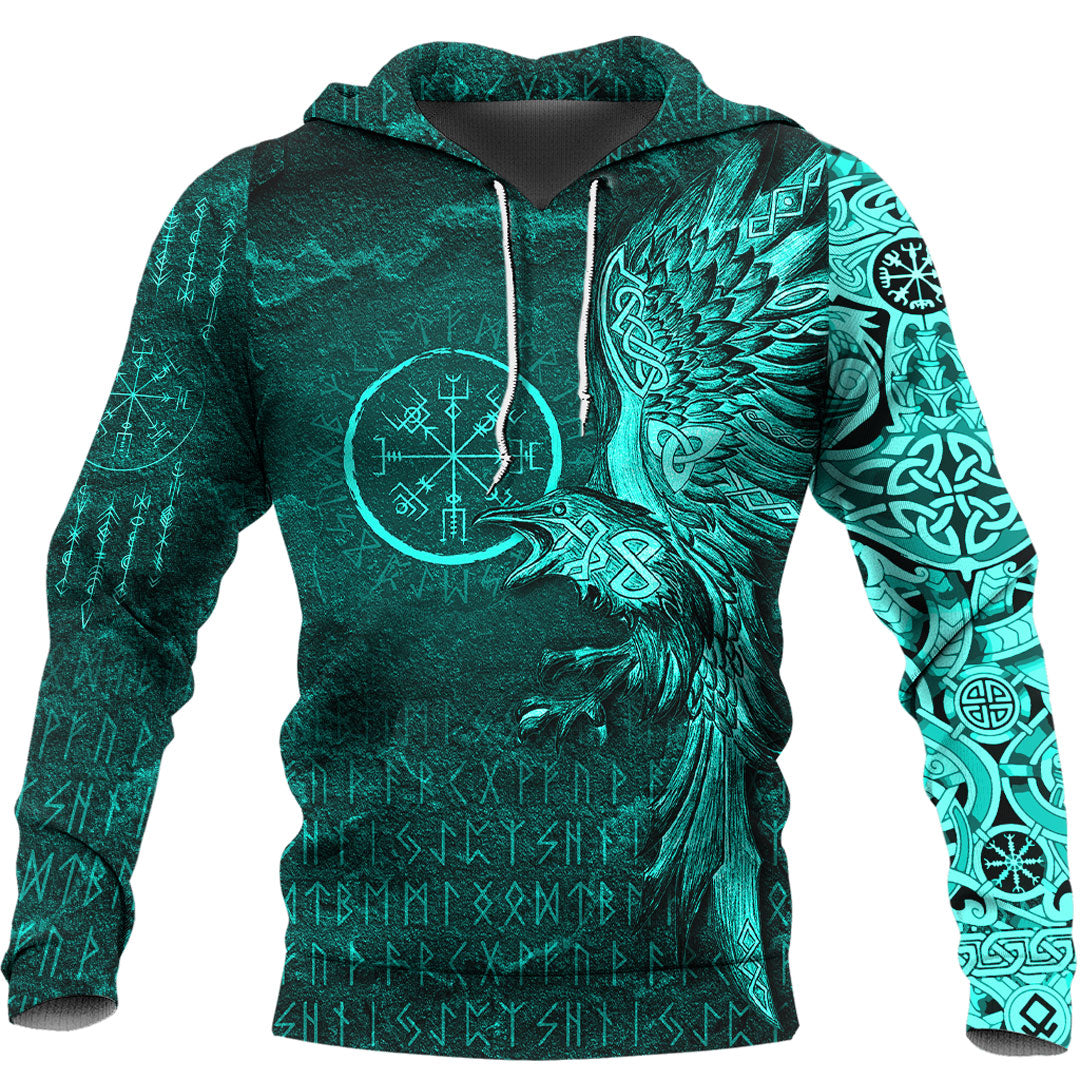 Viking Hoodie Vegvisir With Raven Viking Compass Hoodie Cyan Version RLT12