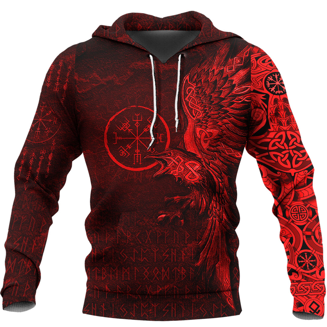 Viking Hoodie Vegvisir With Raven Viking Compass Hoodie Red Version RLT12