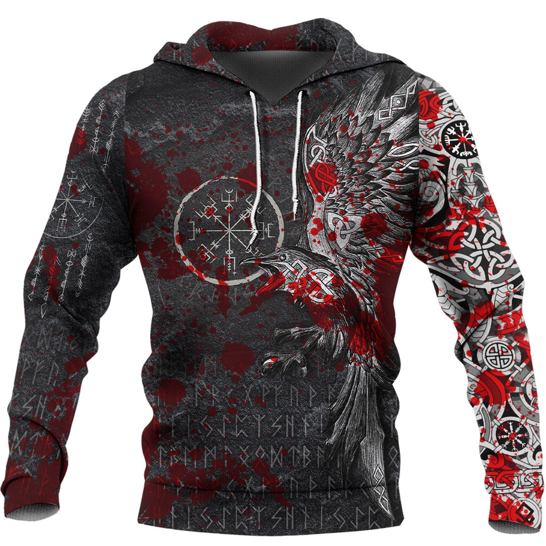 Viking Hoodie Viking Odin Raven Tattoo Style Blood Version Hoodie RLT12