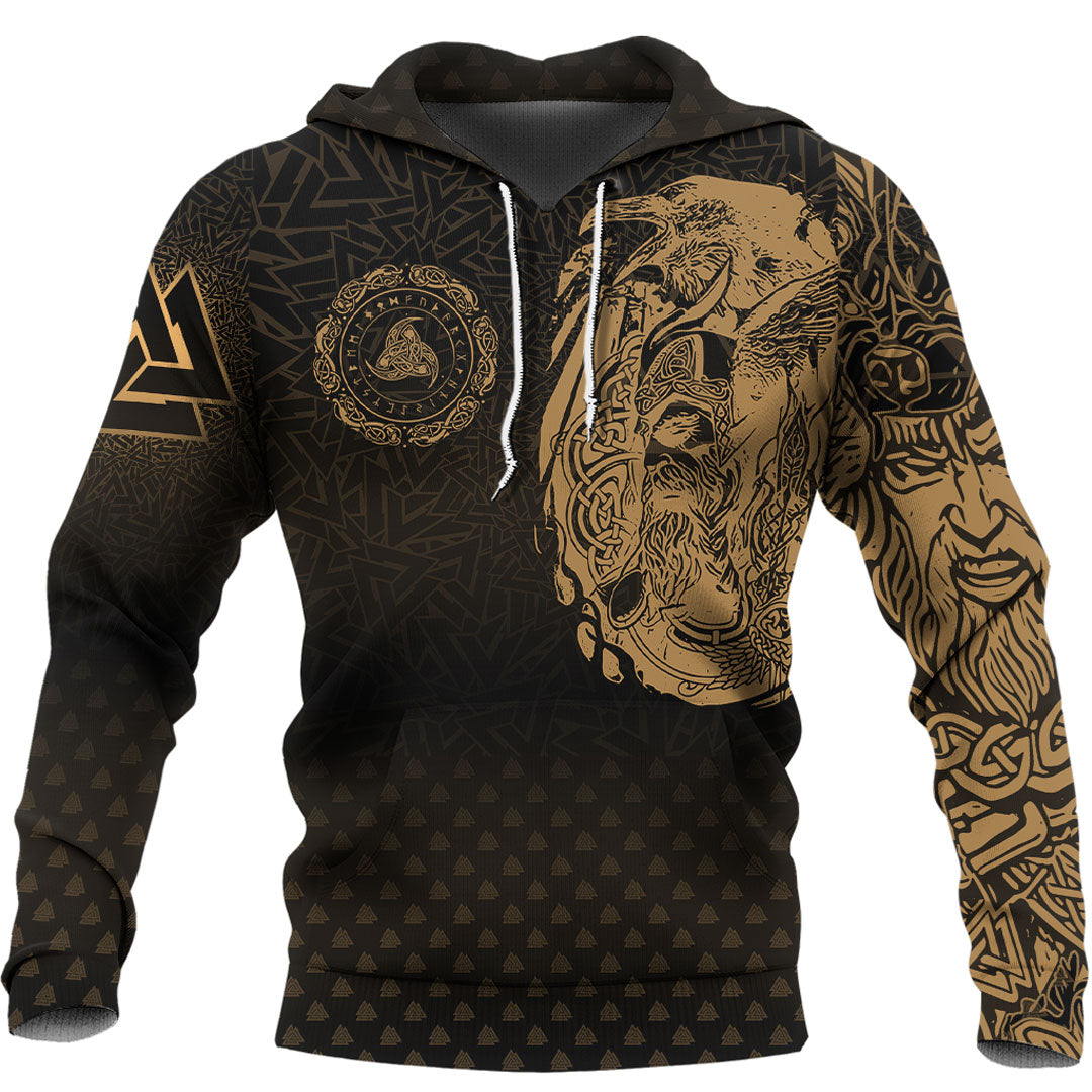 Viking Hoodie Viking Odin Raven Tattoo Style Gold Version Hoodie RLT12