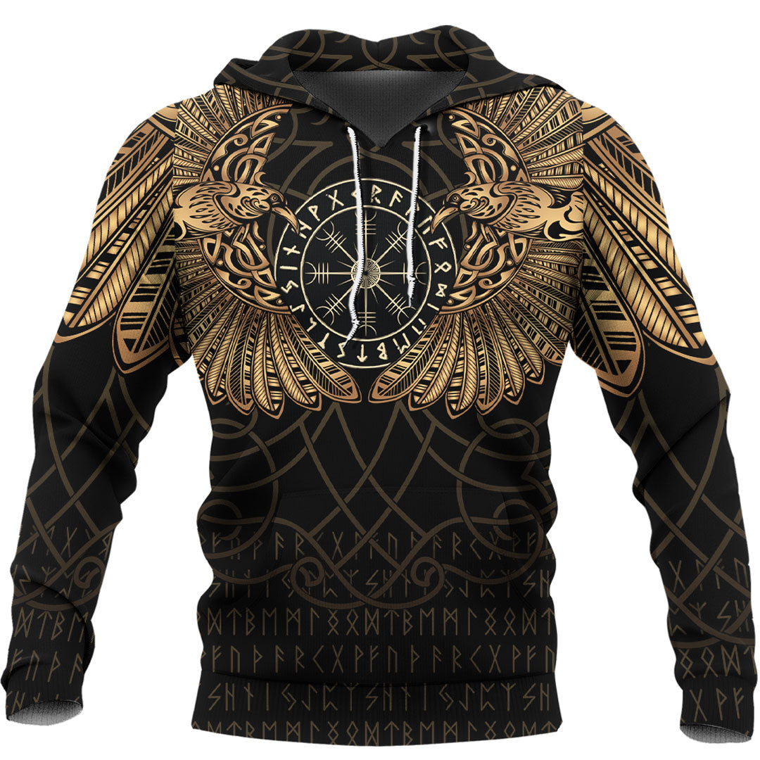 Viking Hoodie Viking Odins Celtic Two Ravens Gold Version Hoodie RLT12