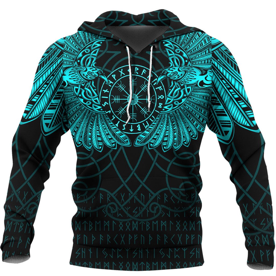 Viking Hoodie Viking Odins Celtic Two Ravens Cyan Version Hoodie RLT12