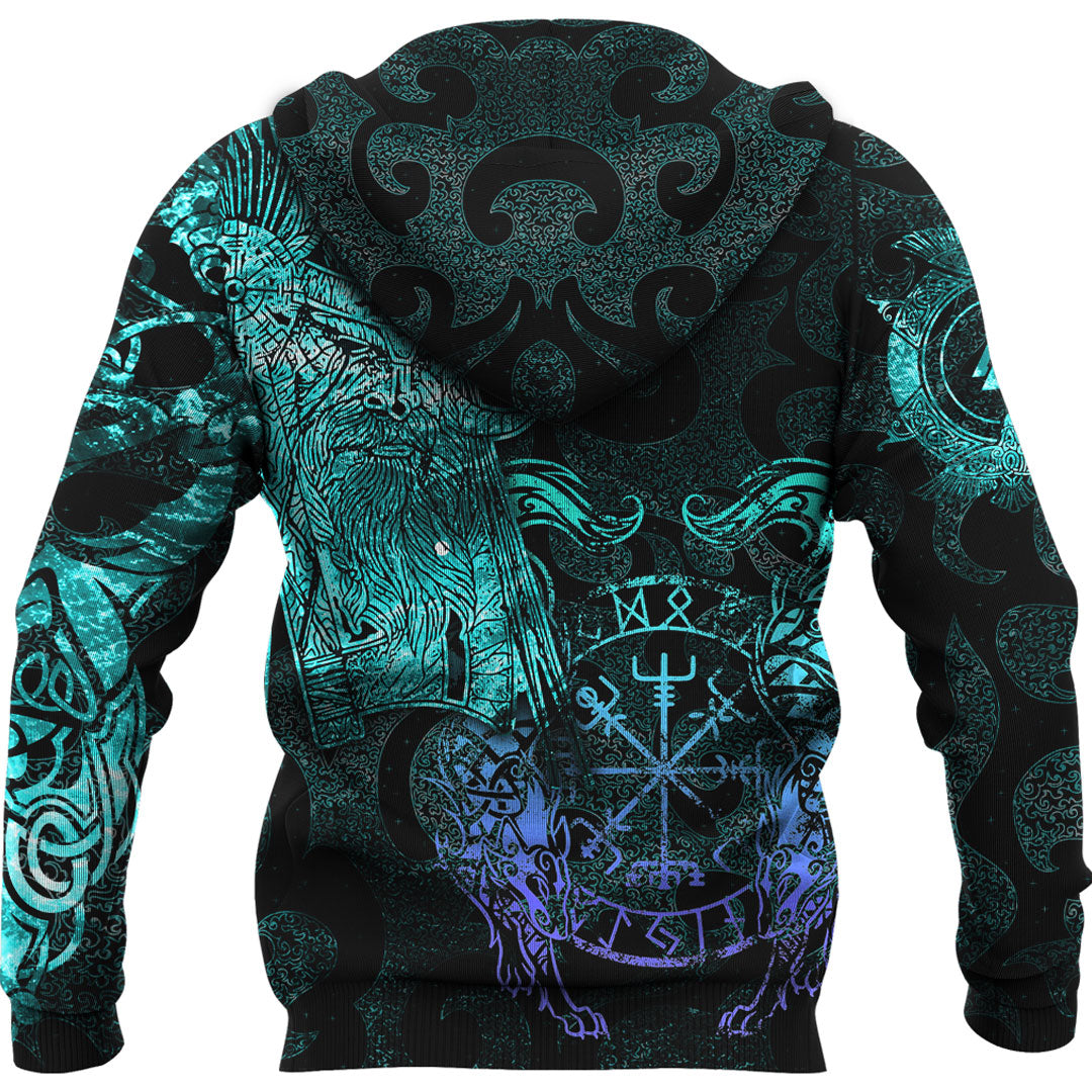 Viking Hoodie Viking Odin Tattoo Cyan Version Wolf Hoodie RLT12