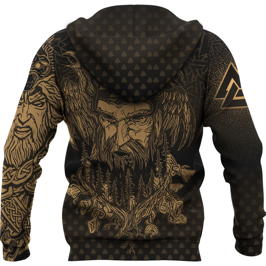 Viking Hoodie Viking Odin Raven Tattoo Style Gold Version Hoodie RLT12
