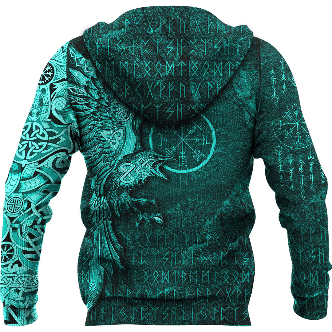 Viking Hoodie Vegvisir With Raven Viking Compass Hoodie Cyan Version RLT12