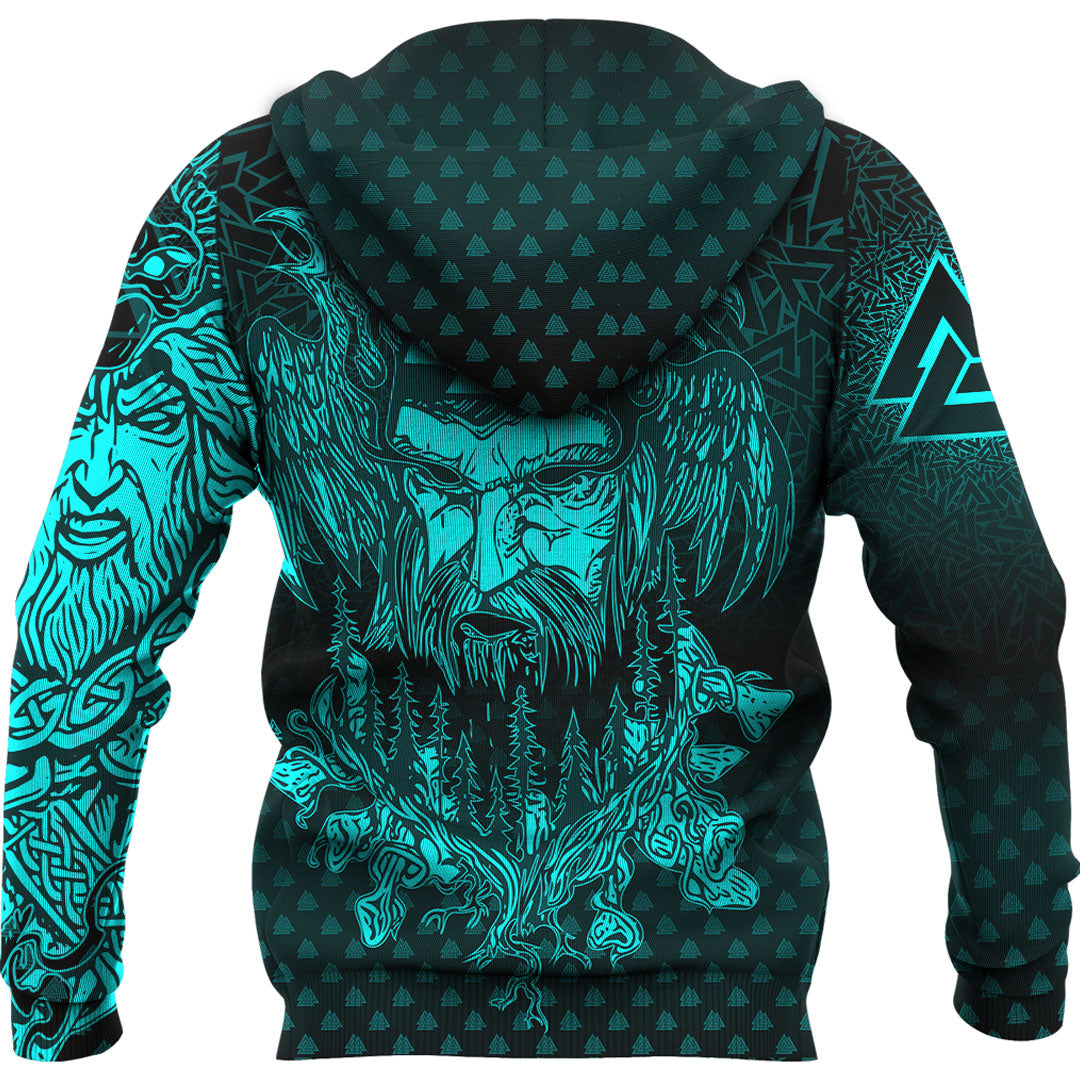 Viking Hoodie Viking Odin Raven Tattoo Style Cyan Version Hoodie RLT12