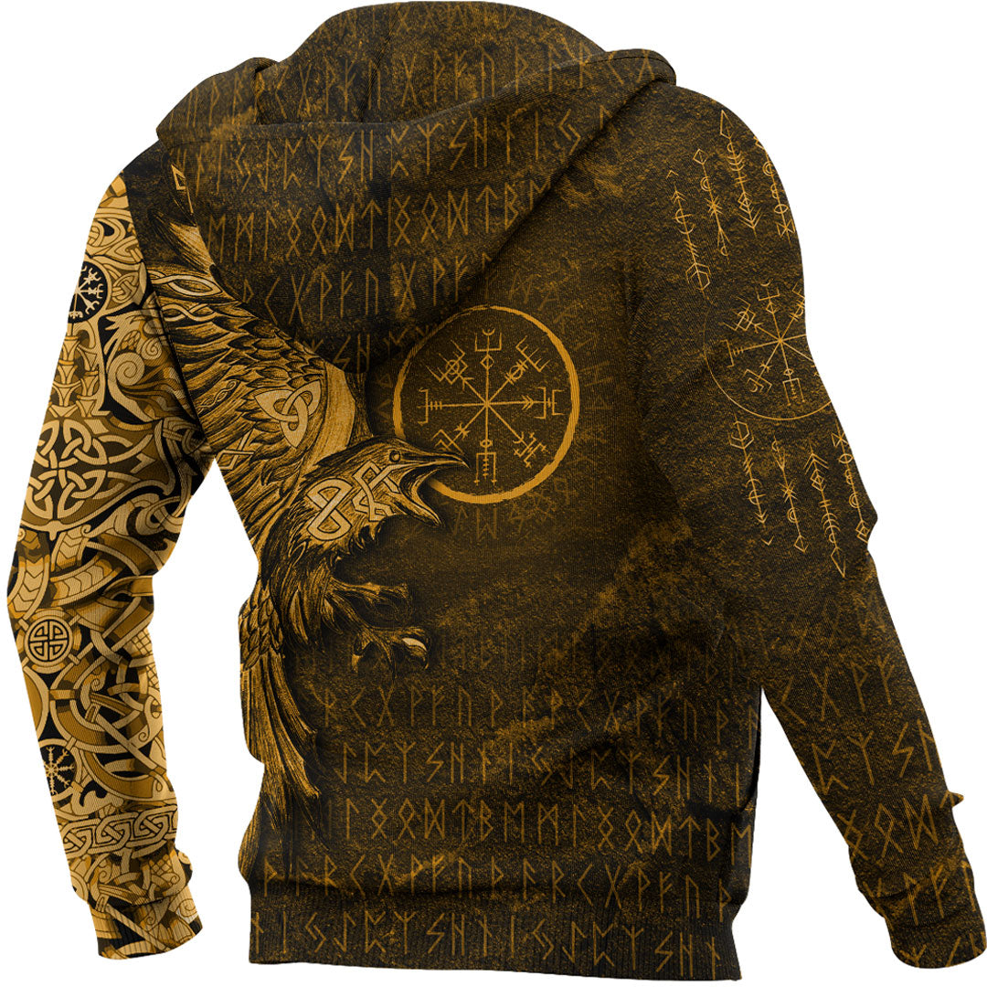 Viking Hoodie Vegvisir With Raven Viking Compass Gold Version Warship Hoodie RLT12