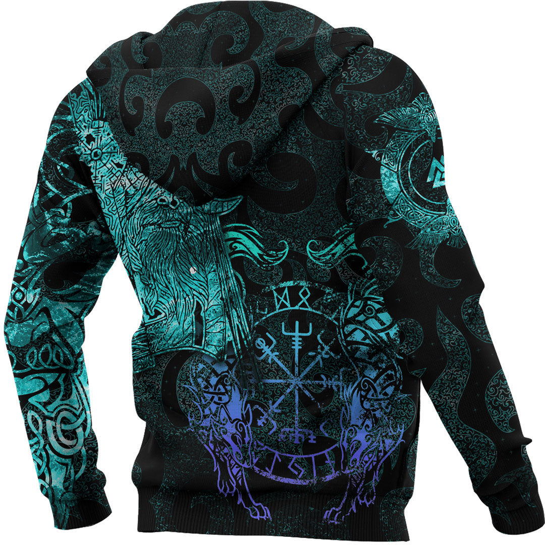 Viking Hoodie Viking Odin Tattoo Cyan Version Wolf Hoodie RLT12