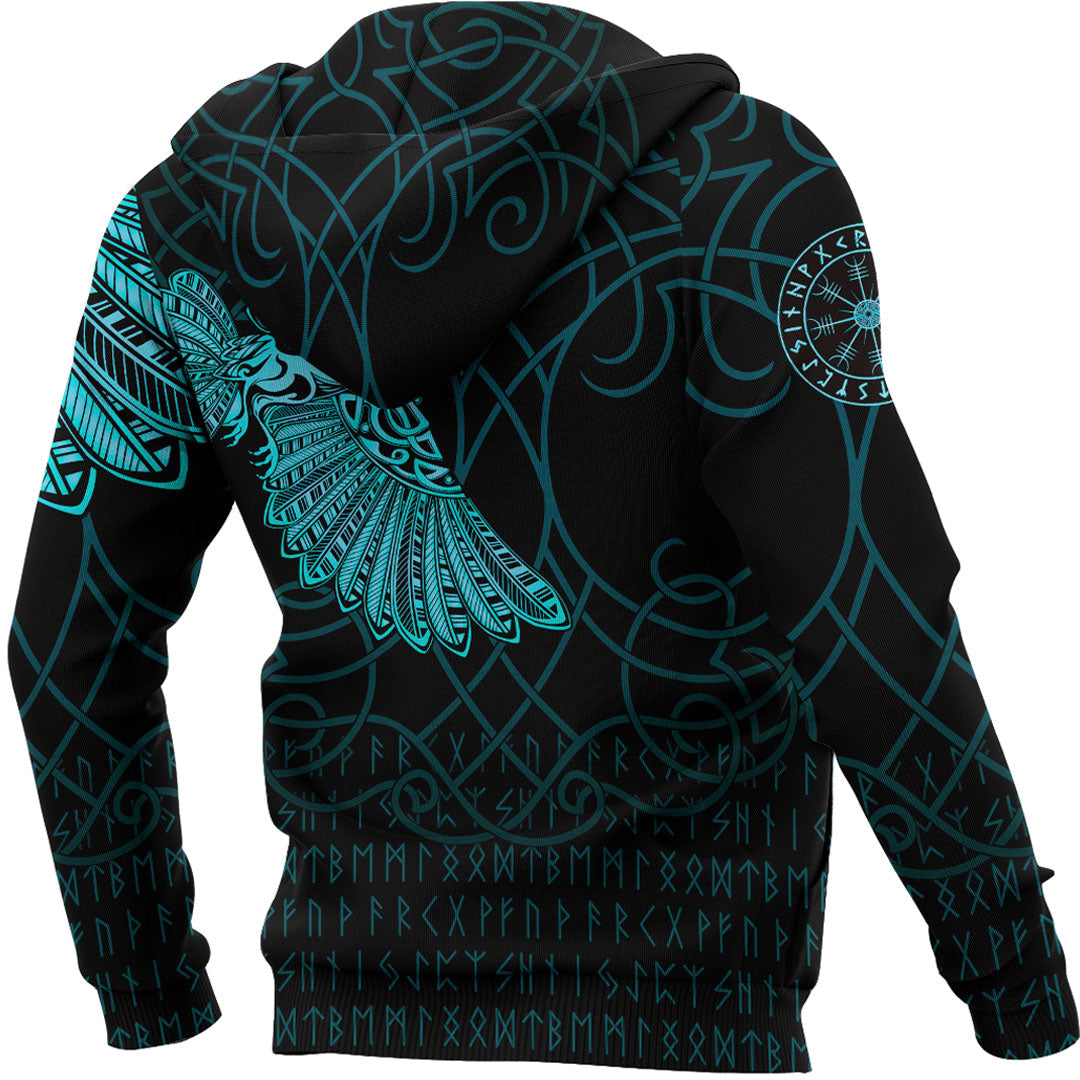 Viking Hoodie Viking Odins Celtic Ravens Cyan Version Tattoo Hoodie RLT12