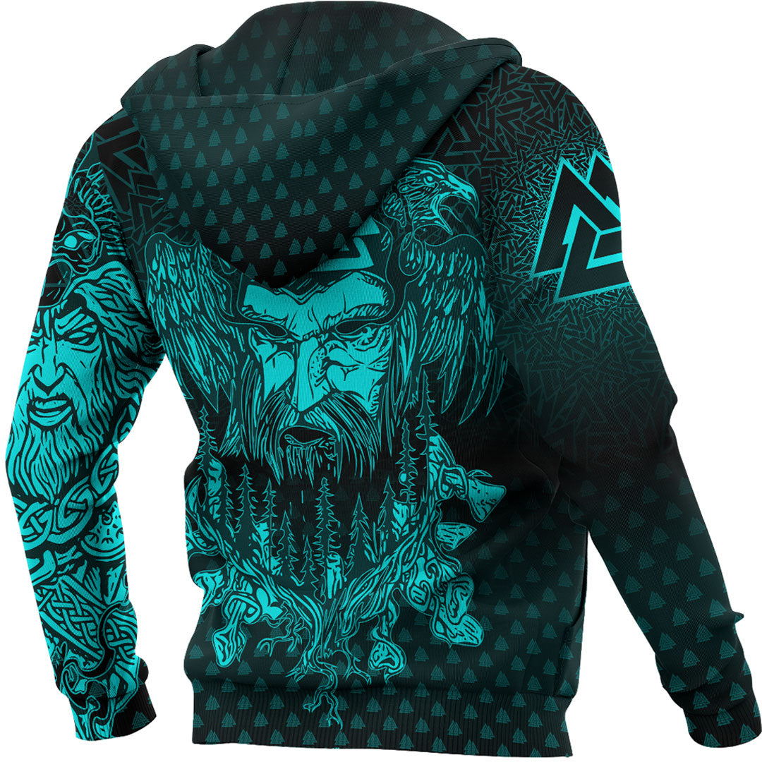 Viking Hoodie Viking Odin Raven Tattoo Style Cyan Version Hoodie RLT12