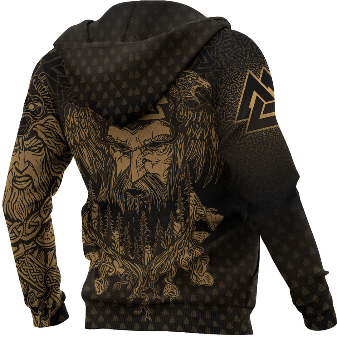 Viking Hoodie Viking Odin Raven Tattoo Style Gold Version Hoodie RLT12
