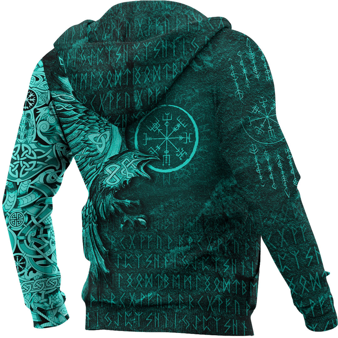 Viking Hoodie Vegvisir With Raven Viking Compass Hoodie Cyan Version RLT12
