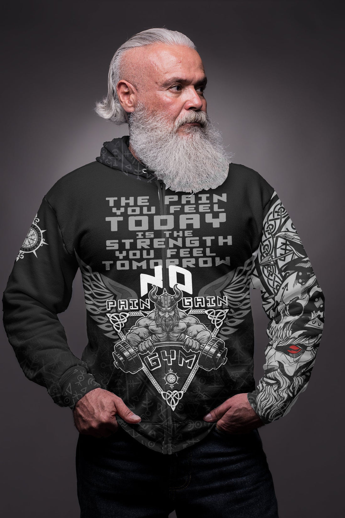 Viking Zip Hoodie - Viking Gym Vegvisir Style "No Pain No Gain" RLT12