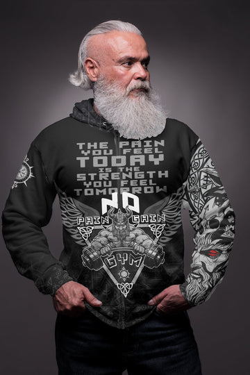 Viking Zip Hoodie - Viking Gym Vegvisir Style "No Pain No Gain" RLT12