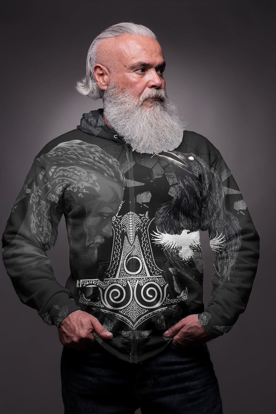 Viking Ragnar and Raven Style Mjolnir Hoodie Zip RLT12