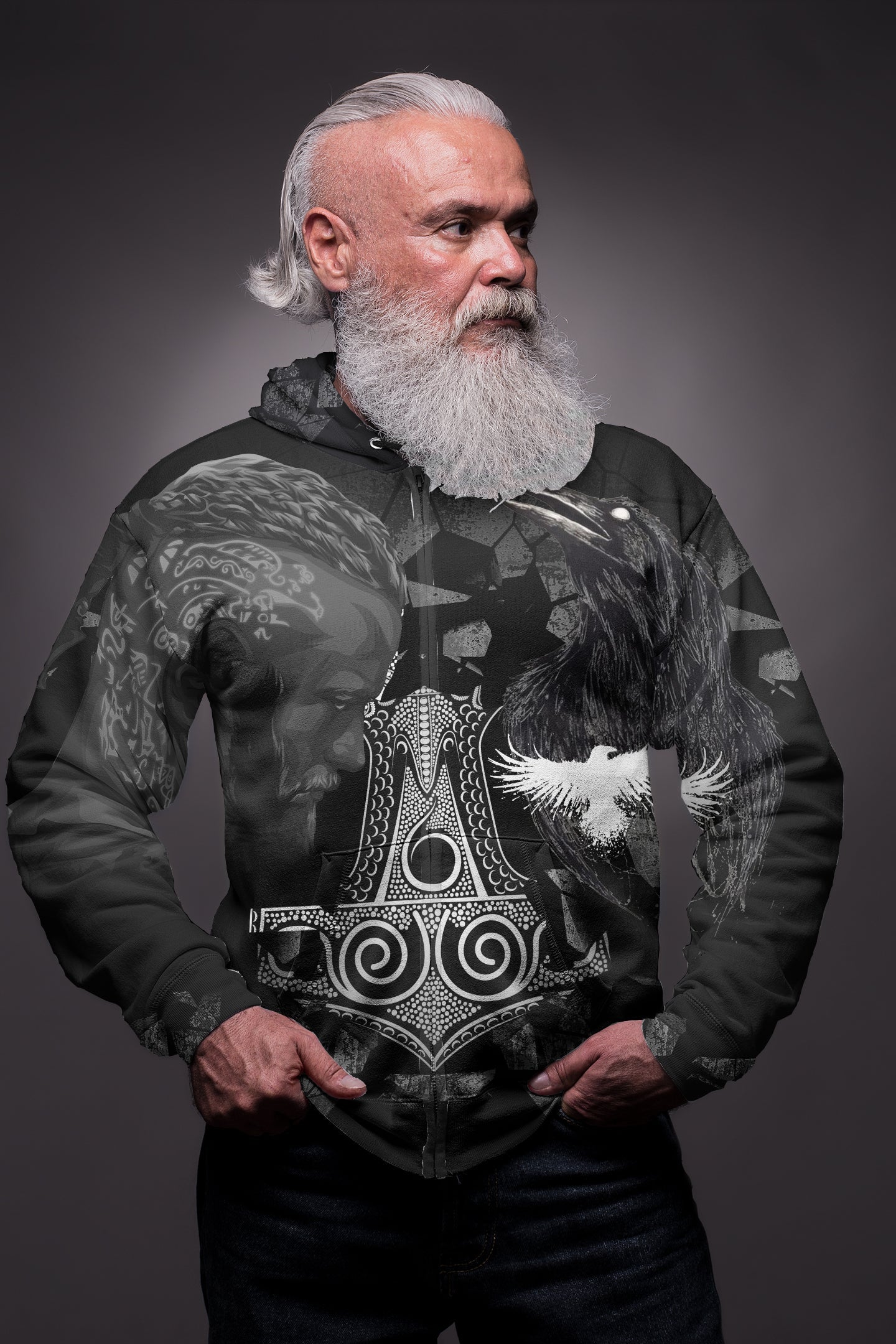 Viking Ragnar and Raven Style Mjolnir Hoodie Zip RLT12