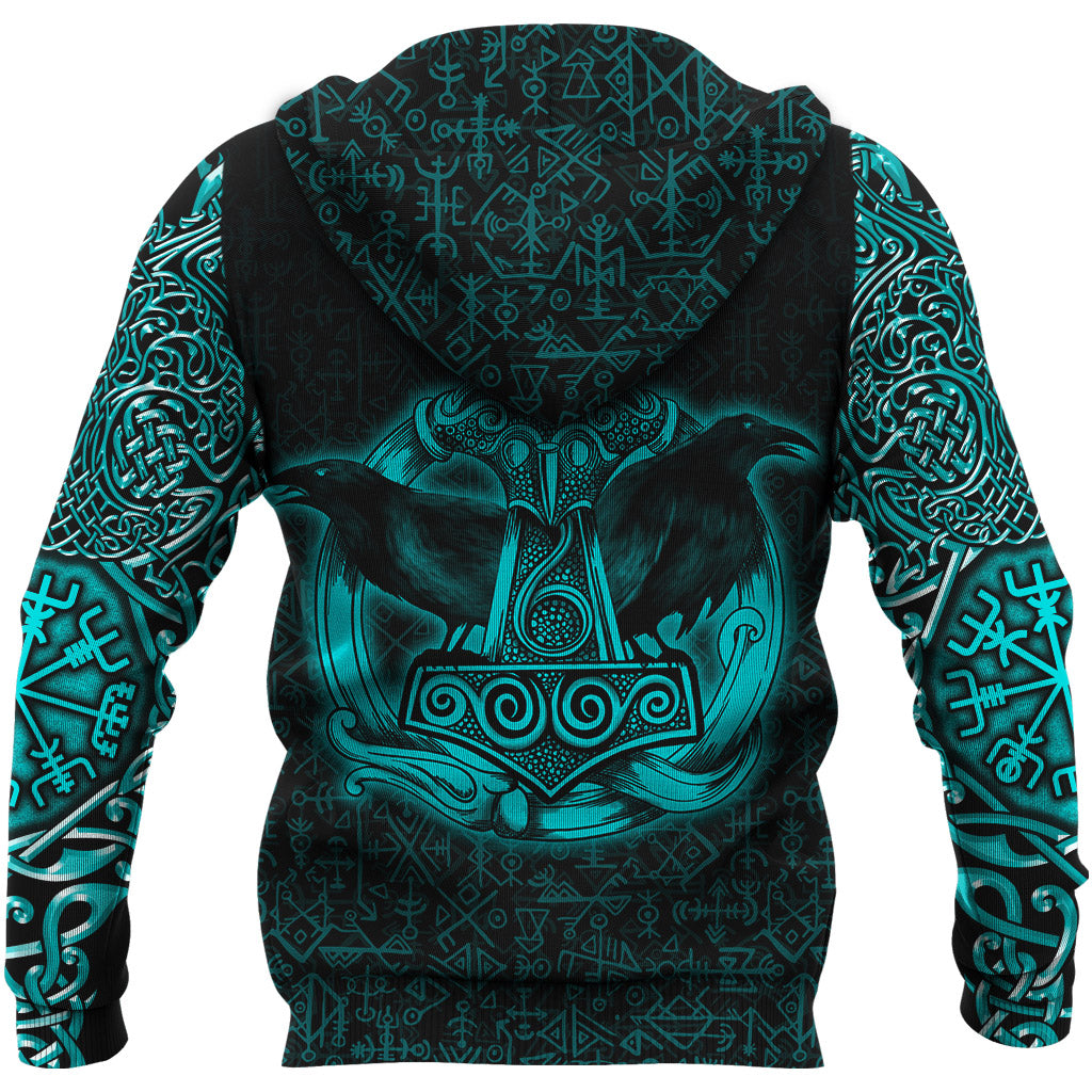 Viking Zip Hoodie Raven Mjolnir Yggdrasil Cyan RLT12