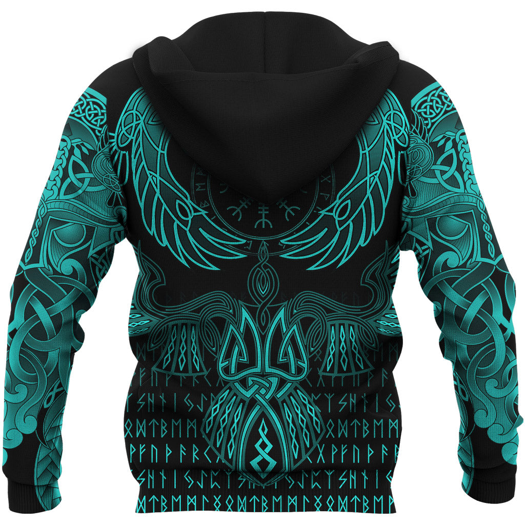 Viking Zip Hoodie Raven Of Odin Cyan RLT12