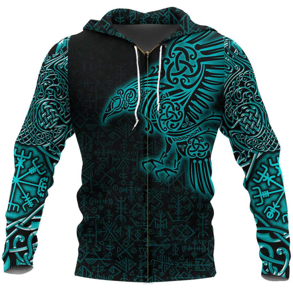 Viking Zip Hoodie Raven Mjolnir Yggdrasil Cyan RLT12