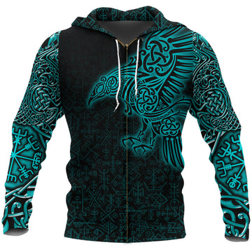 Viking Zip Hoodie Raven Mjolnir Yggdrasil Cyan RLT12