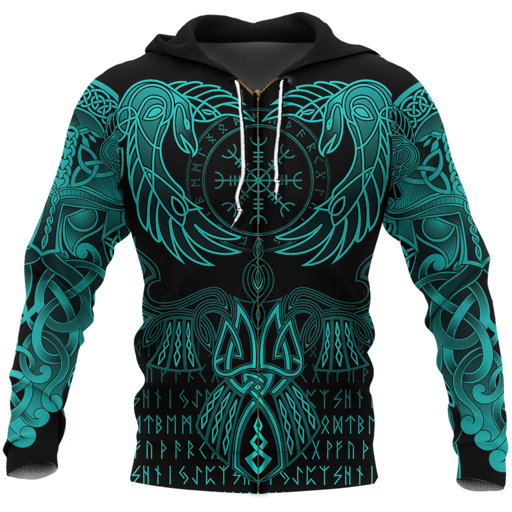 Viking Zip Hoodie Raven Of Odin Cyan RLT12