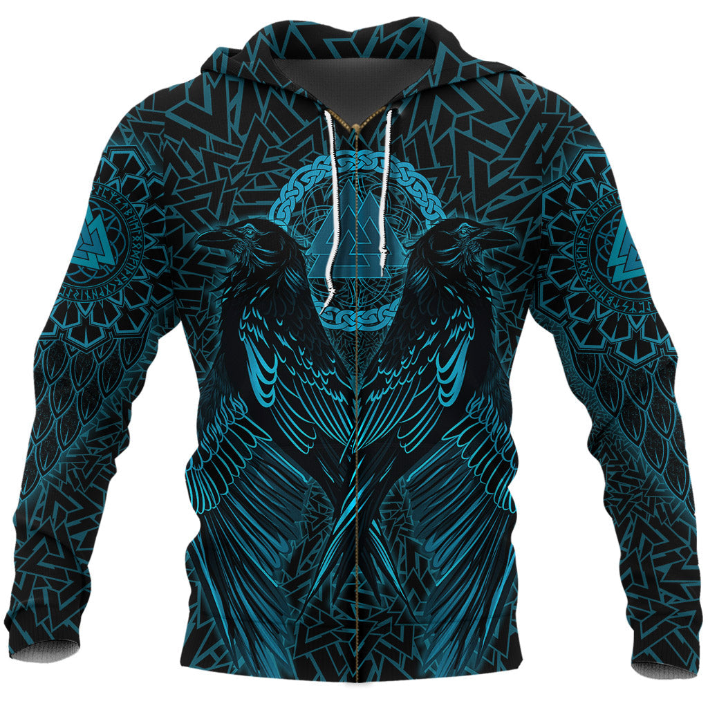 Viking Zip Hoodie Raven Valknut Cyan RLT12