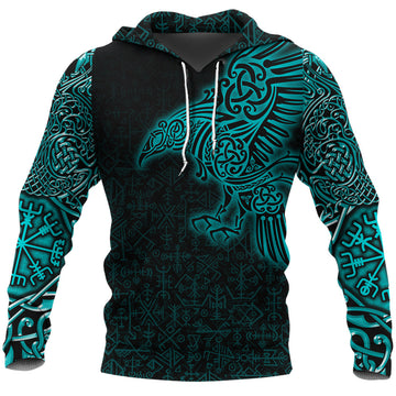Viking Hoodie Raven Mjolnir Yggdrasil Cyan RLT12