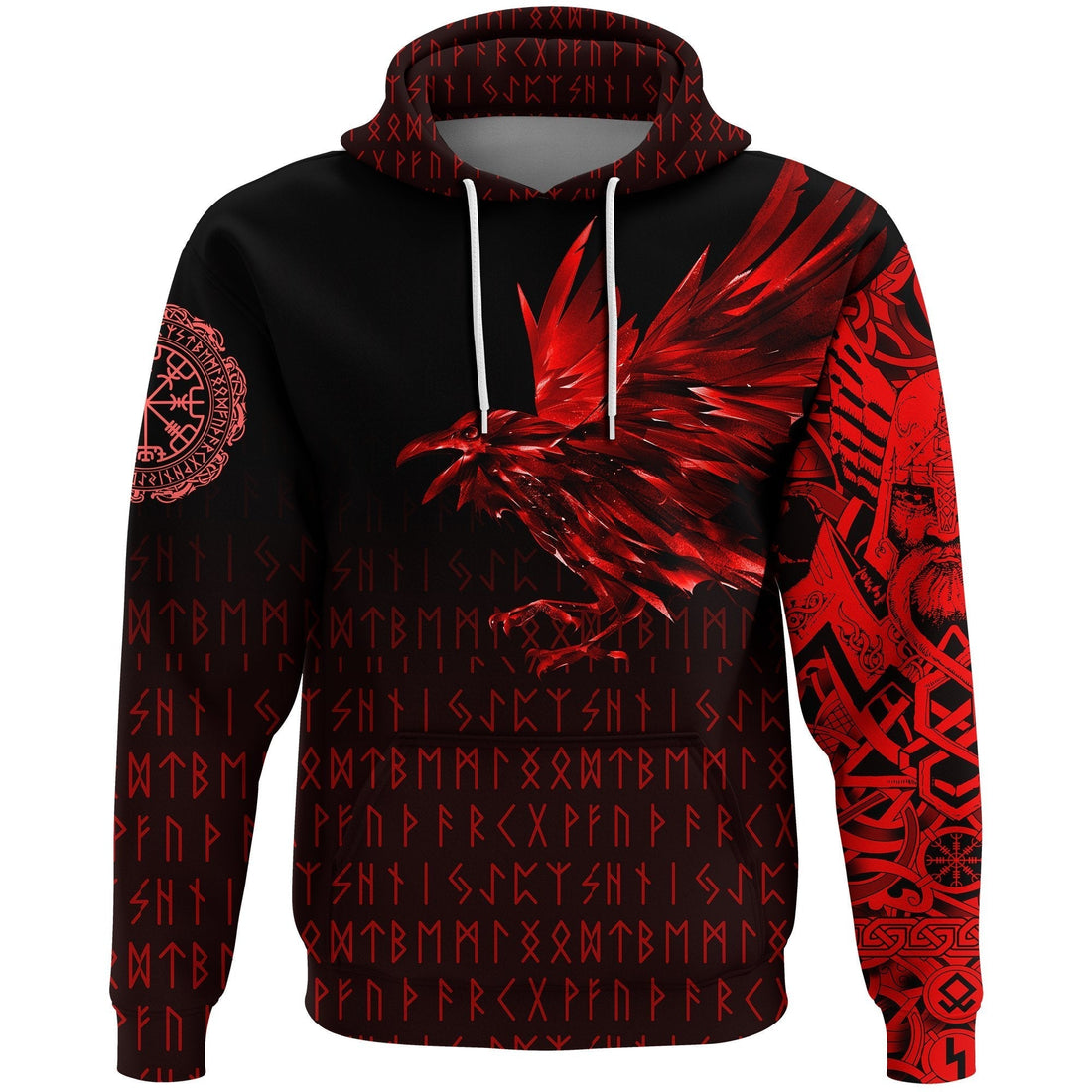 Viking Pullover Hoodie - The Raven Of Odin Rune, Red RLT12