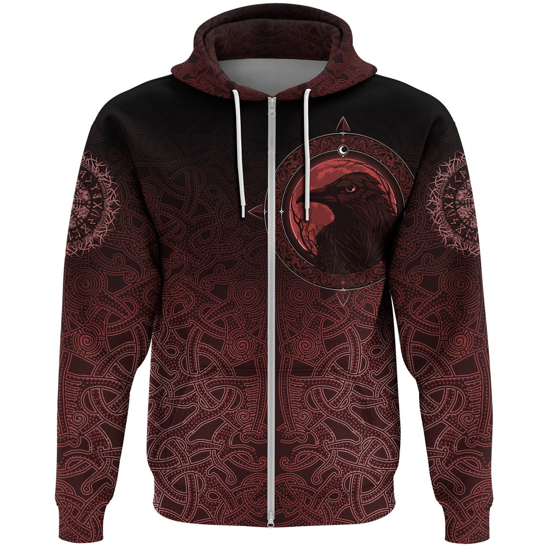 Viking Zip Hoodie, Ethnic Odin Raven Red RLT12