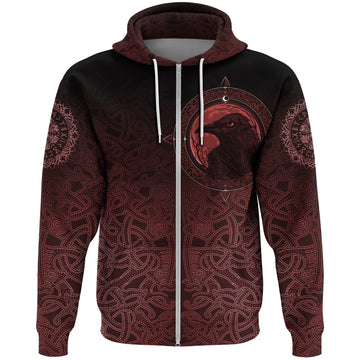 Viking Zip Hoodie, Ethnic Odin Raven Red RLT12